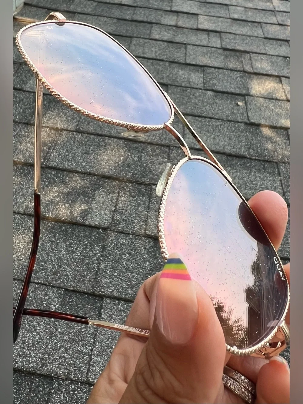 Quay Australia Stop and Stare twist Gold Frame Navy/peach lense Sunglasses